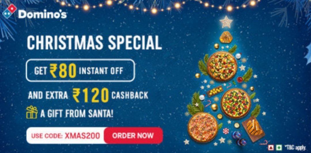 🎄Domino's Christmas Loot : Get ₹80 off + ₹120 Cashback On ₹200+ Order